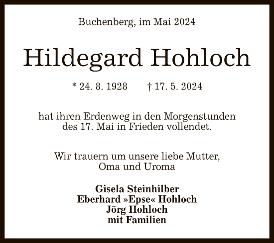 Anzeige von Hildegard Hohloch von Reutlinger General-Anzeiger