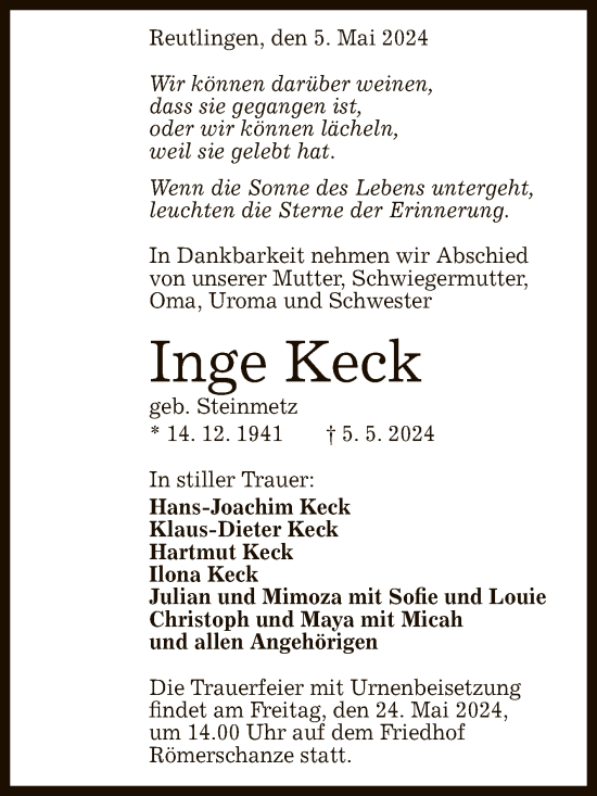 Anzeige von Inge Keck von Reutlinger General-Anzeiger