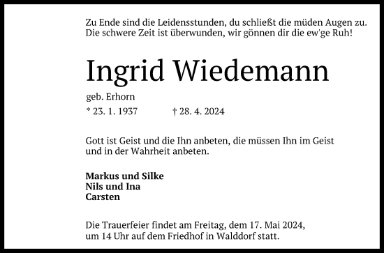 Anzeige von Ingrid Wiedemann von Reutlinger General-Anzeiger