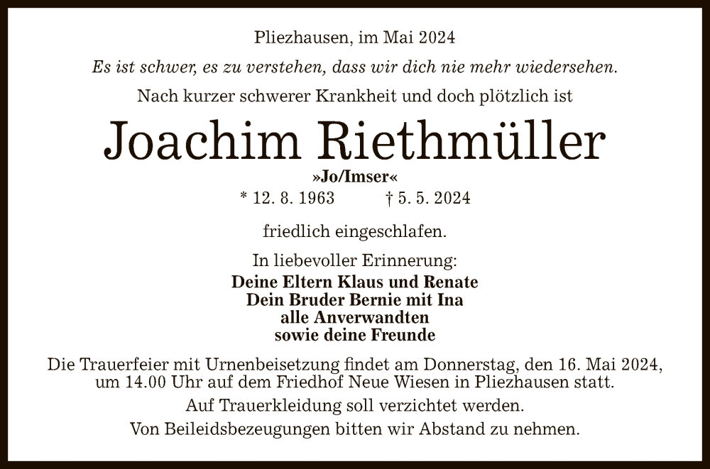  Traueranzeige für Joachim Riethmüller vom 08.05.2024 aus Reutlinger General-Anzeiger