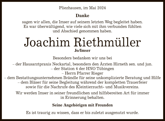 Anzeige von Joachim Riethmüller von Reutlinger General-Anzeiger