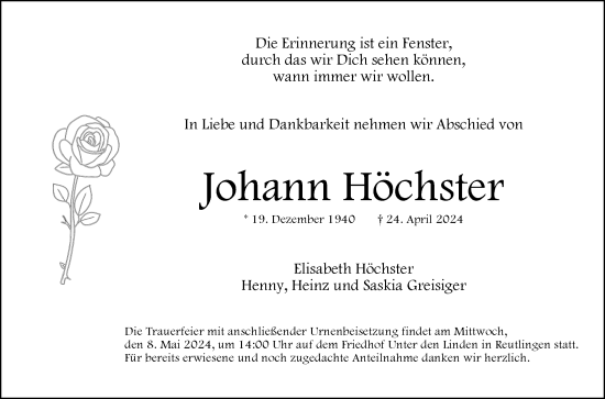 Anzeige von Johann Höchster von Reutlinger General-Anzeiger