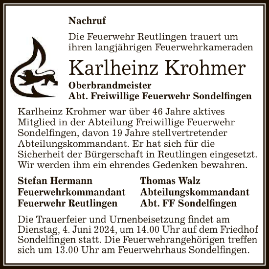 Anzeige von Karlheinz Krohmer von Reutlinger General-Anzeiger