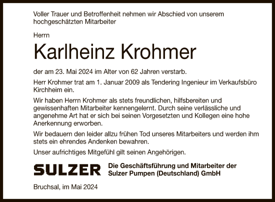 Anzeige von Karlheinz Krohmer von Reutlinger General-Anzeiger