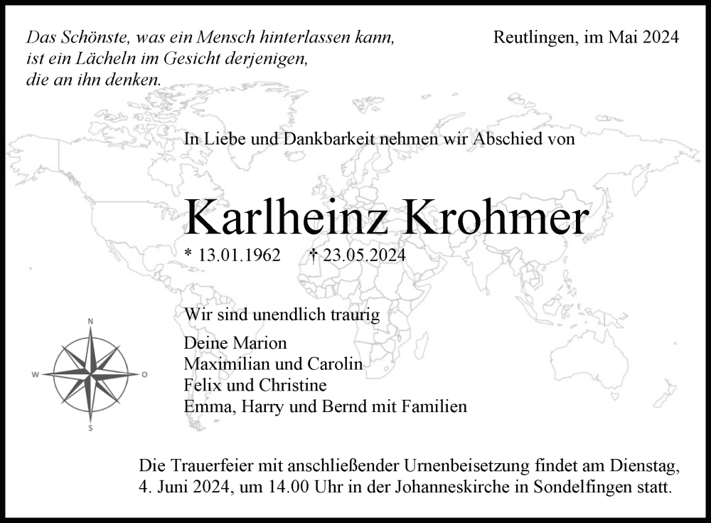  Traueranzeige für Karlheinz Krohmer vom 29.05.2024 aus Reutlinger General-Anzeiger