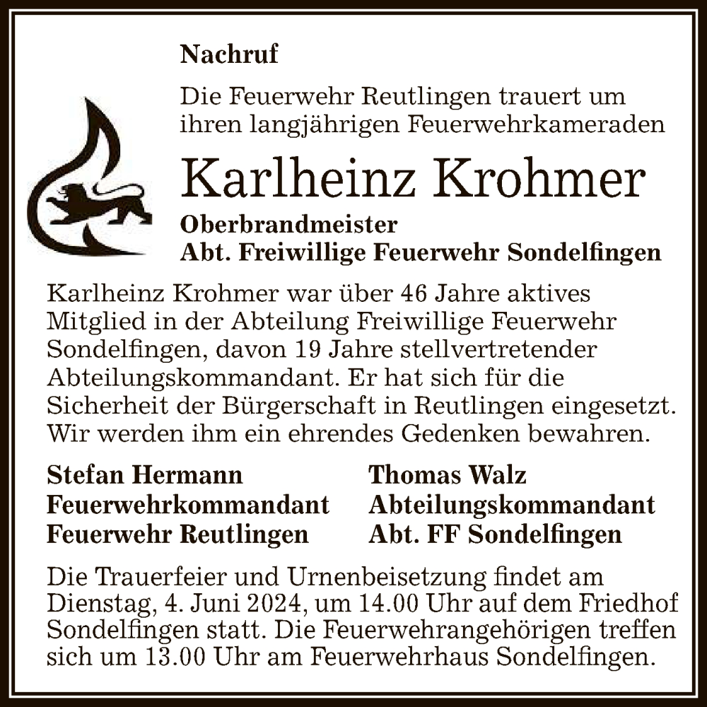  Traueranzeige für Karlheinz Krohmer vom 29.05.2024 aus Reutlinger General-Anzeiger