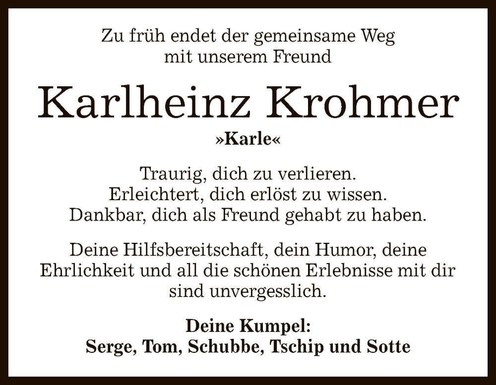  Traueranzeige für Karlheinz Krohmer vom 29.05.2024 aus Reutlinger General-Anzeiger