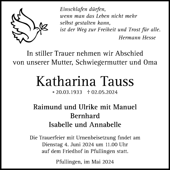 Anzeige von Katharina Tauss von Reutlinger General-Anzeiger