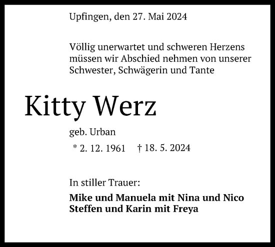 Anzeige von Kitty Werz von Reutlinger General-Anzeiger