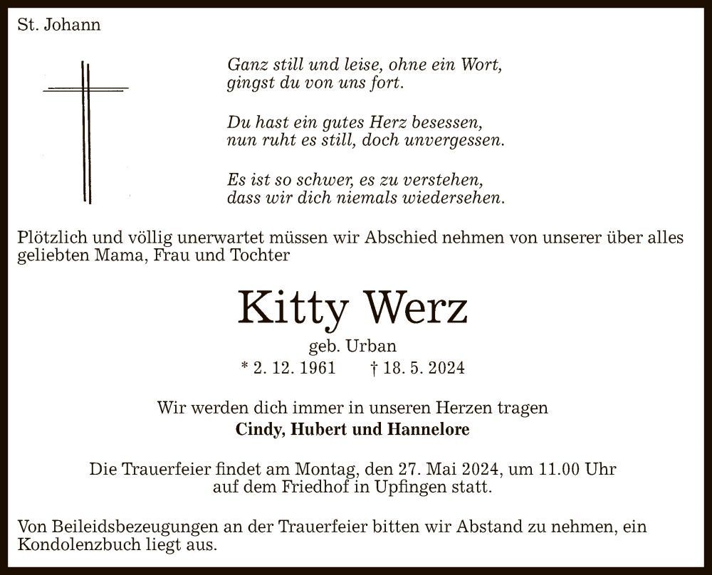  Traueranzeige für Kitty Werz vom 23.05.2024 aus Reutlinger General-Anzeiger