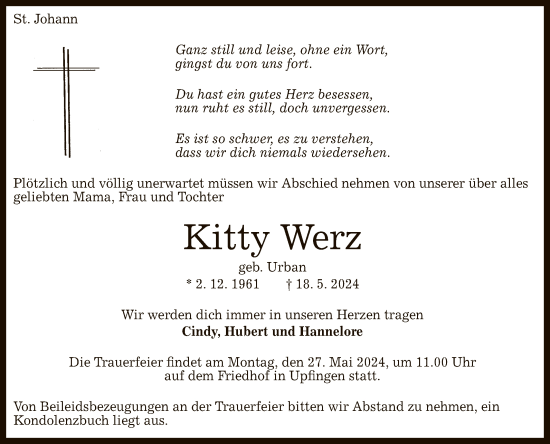 Anzeige von Kitty Werz von Reutlinger General-Anzeiger