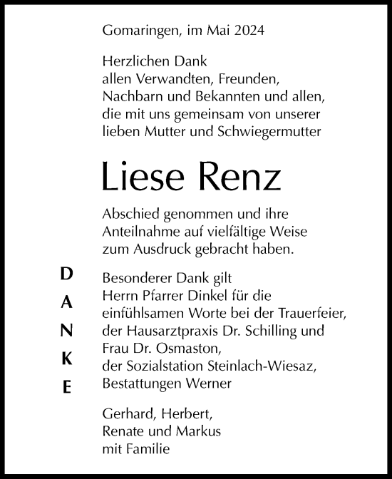 Anzeige von Liese Renz von Reutlinger General-Anzeiger