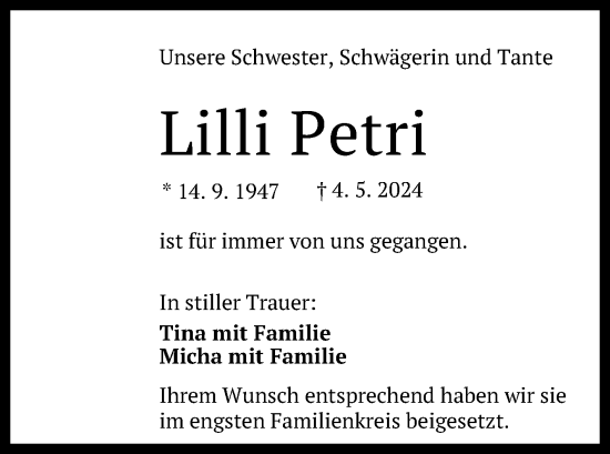 Anzeige von Lilli Petri von Reutlinger General-Anzeiger