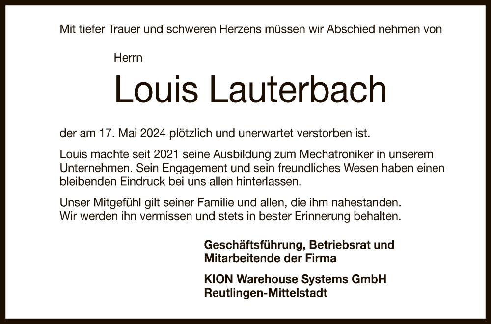  Traueranzeige für Louis Lauterbach vom 25.05.2024 aus Reutlinger General-Anzeiger
