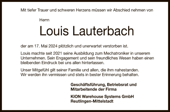 Anzeige von Louis Lauterbach von Reutlinger General-Anzeiger