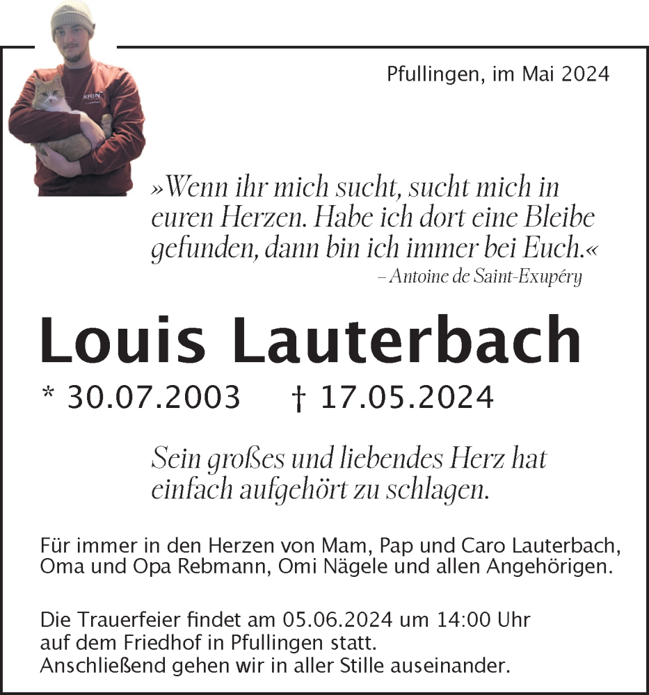  Traueranzeige für Louis Lauterbach vom 31.05.2024 aus Reutlinger General-Anzeiger