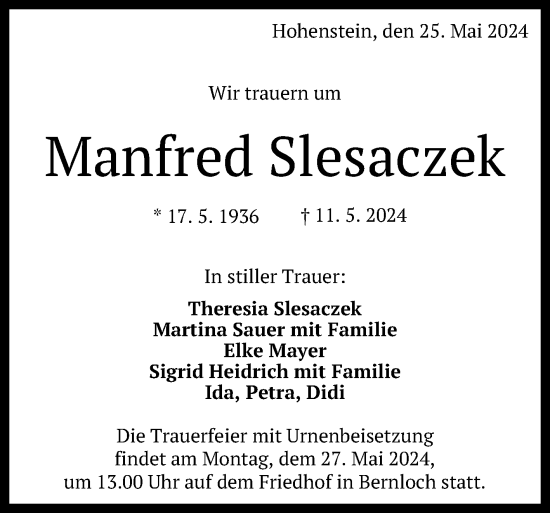 Anzeige von Manfred Slesaczek von Reutlinger General-Anzeiger