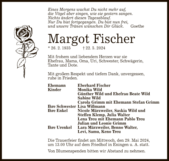 Anzeige von Margot Fischer von Reutlinger General-Anzeiger