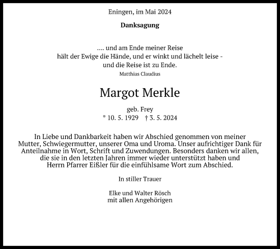 Anzeige von Margot Merkle von Reutlinger General-Anzeiger