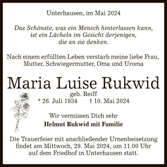 Anzeige von Maria Luise Rukwid von Reutlinger General-Anzeiger