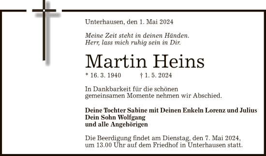 Anzeige von Martin Heins von Reutlinger General-Anzeiger
