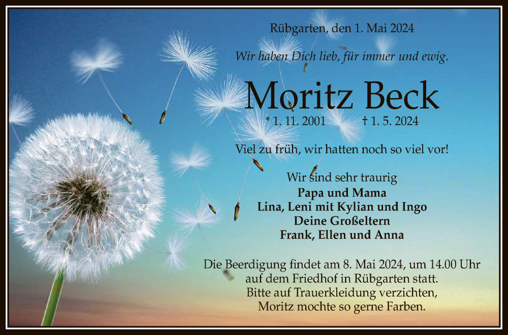  Traueranzeige für Moritz Beck vom 04.05.2024 aus Reutlinger General-Anzeiger