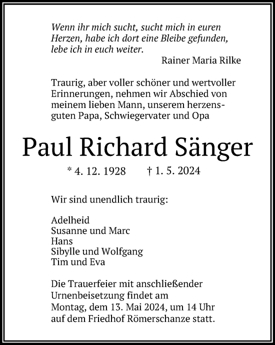 Anzeige von Paul Richard Sänger von Reutlinger General-Anzeiger