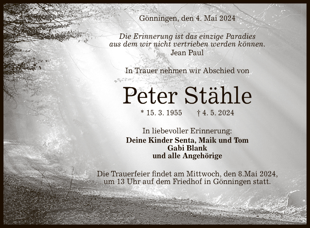  Traueranzeige für Peter Stähle vom 07.05.2024 aus Reutlinger General-Anzeiger
