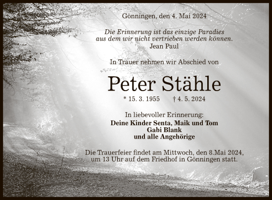 Anzeige von Peter Stähle von Reutlinger General-Anzeiger