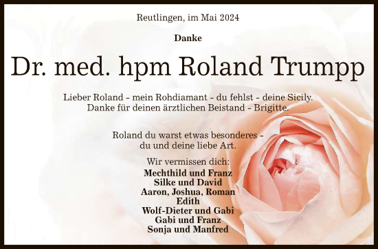 Anzeige von Roland Trumpp von Reutlinger General-Anzeiger