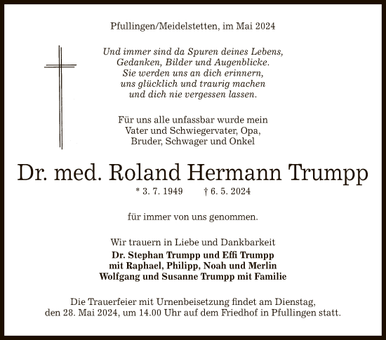 Anzeige von Roland Hermann Trumpp von Reutlinger General-Anzeiger