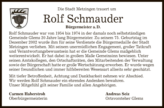 Anzeige von Rolf Schmauder von Reutlinger General-Anzeiger