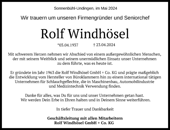 Anzeige von Rolf Windhösel von Reutlinger General-Anzeiger