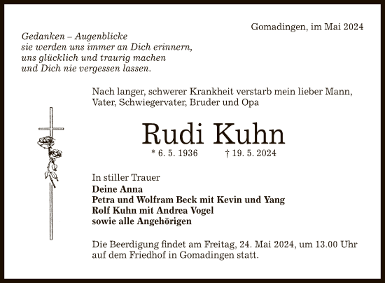 Anzeige von Rudi Kuhn von Reutlinger General-Anzeiger