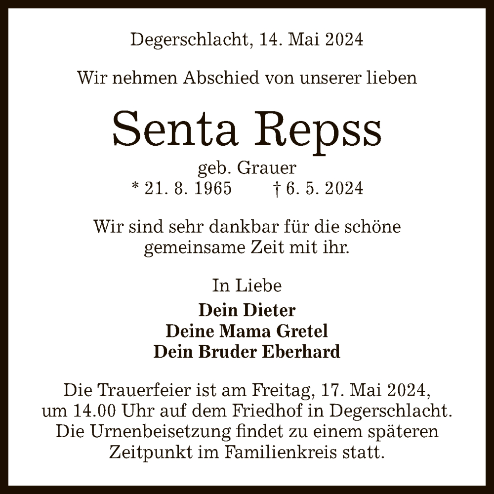  Traueranzeige für Senta Repss vom 14.05.2024 aus Reutlinger General-Anzeiger