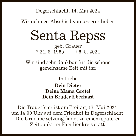 Anzeige von Senta Repss von Reutlinger General-Anzeiger