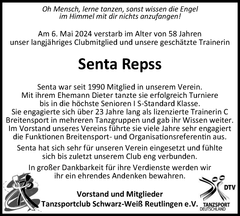  Traueranzeige für Senta Repss vom 14.05.2024 aus Reutlinger General-Anzeiger