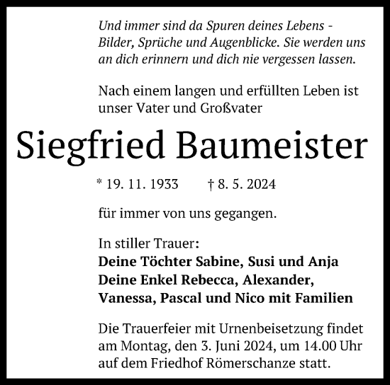Anzeige von Siegfried Baumeister von Reutlinger General-Anzeiger