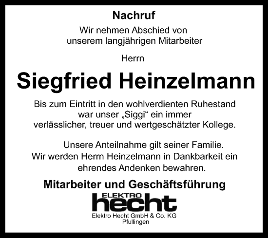 Anzeige von Siegfried Heinzelmann von Reutlinger General-Anzeiger