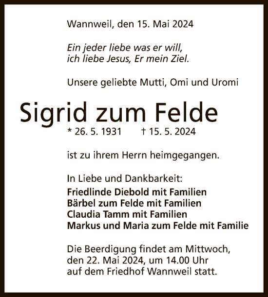 Anzeige von Sigrid zum Felde von Reutlinger General-Anzeiger