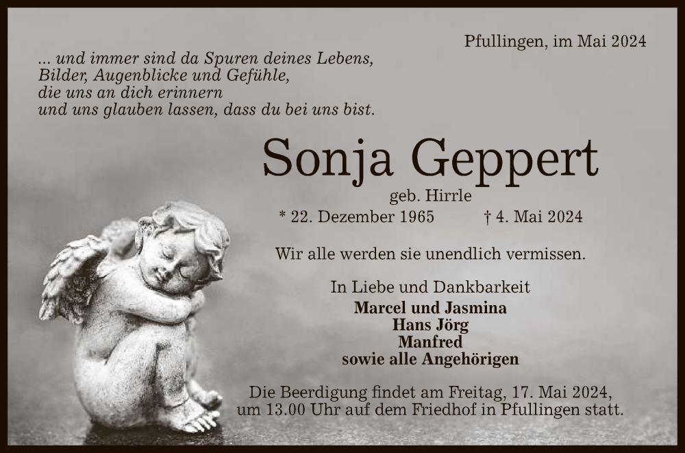  Traueranzeige für Sonja Geppert vom 11.05.2024 aus Reutlinger General-Anzeiger