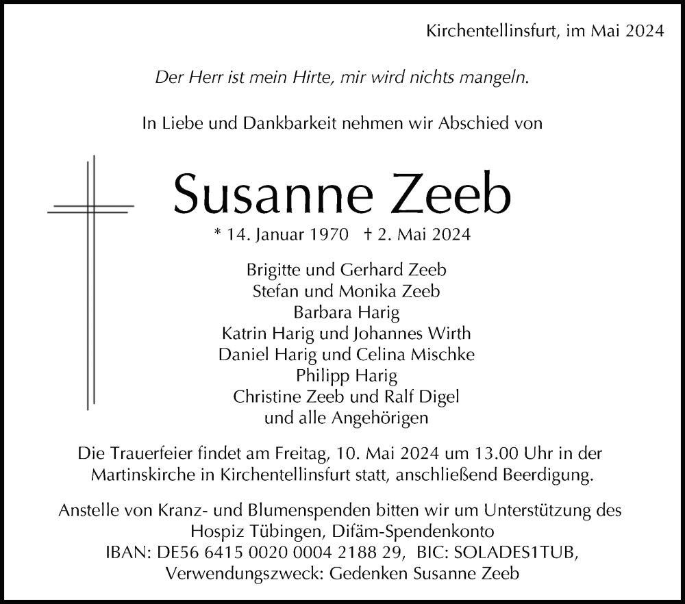  Traueranzeige für Susanne Zeeb vom 07.05.2024 aus Reutlinger General-Anzeiger