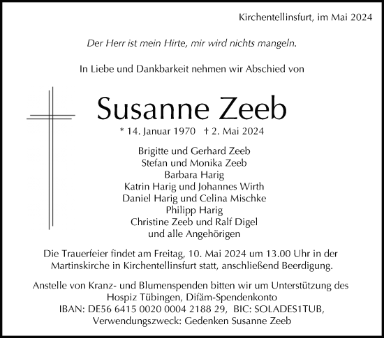 Anzeige von Susanne Zeeb von Reutlinger General-Anzeiger