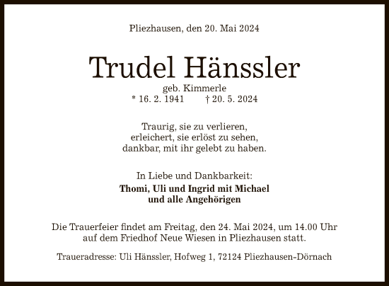 Anzeige von Trudel Hänssler von Reutlinger General-Anzeiger
