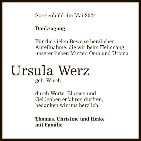 Anzeige von Ursula Werz von Reutlinger General-Anzeiger
