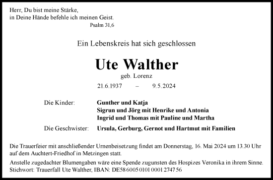 Anzeige von Ute Walther von Reutlinger General-Anzeiger