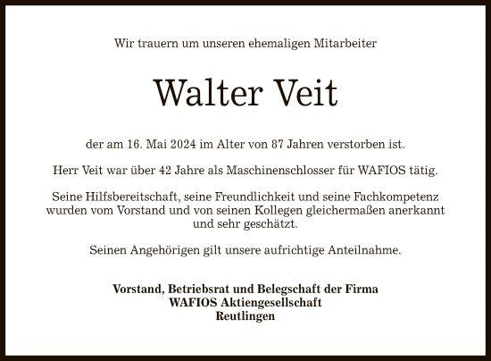 Anzeige von Walter Veit von Reutlinger General-Anzeiger