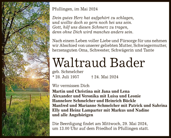 Anzeige von Waltraud Bader von Reutlinger General-Anzeiger