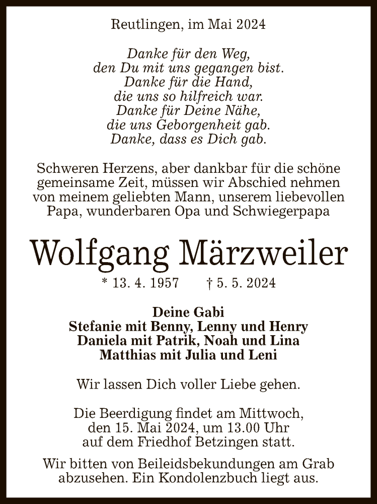  Traueranzeige für Wolfgang Märzweiler vom 10.05.2024 aus Reutlinger General-Anzeiger