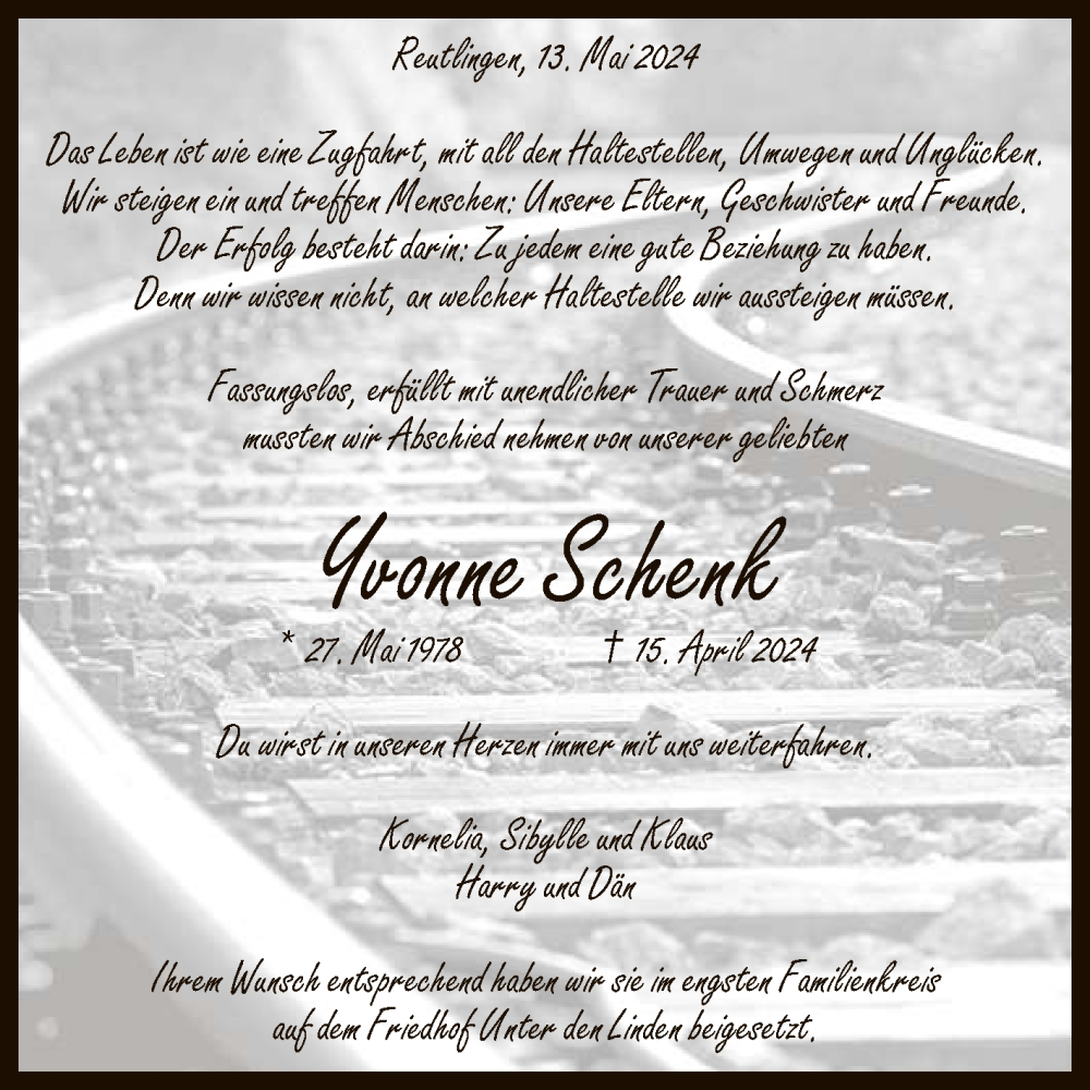  Traueranzeige für Yvonne Schenk vom 15.05.2024 aus Reutlinger General-Anzeiger